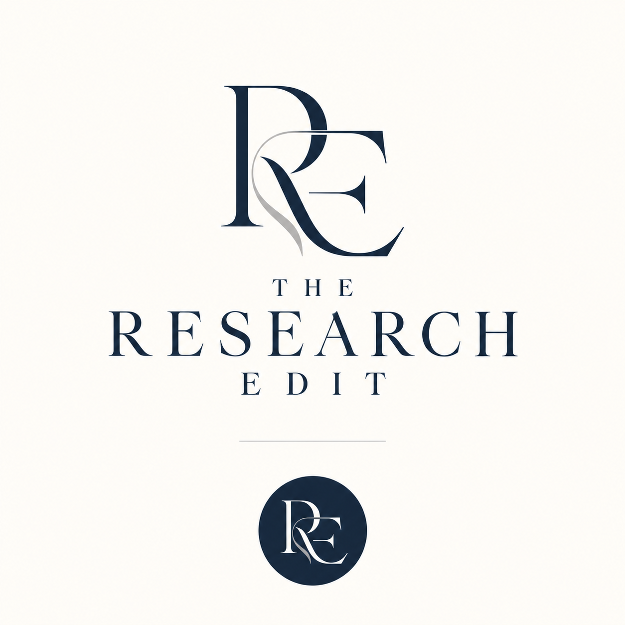 The Research Edit navy and silver RE monogram logo